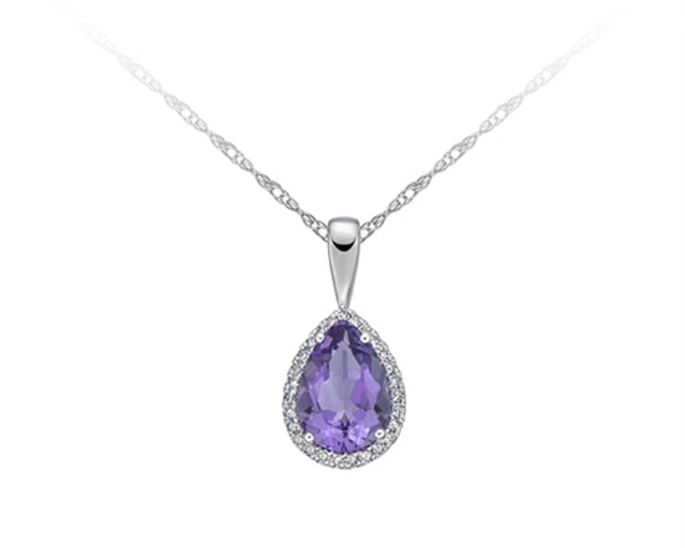 10K White Gold 10x7mm Pear Cut Amethyst & 0.135cttw Diamond Halo Pendant, 18"
