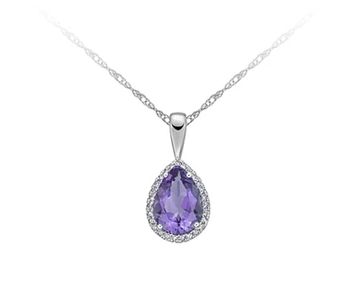 10K White Gold 10x7mm Pear Cut Amethyst & 0.135cttw Diamond Halo Pendant, 18"