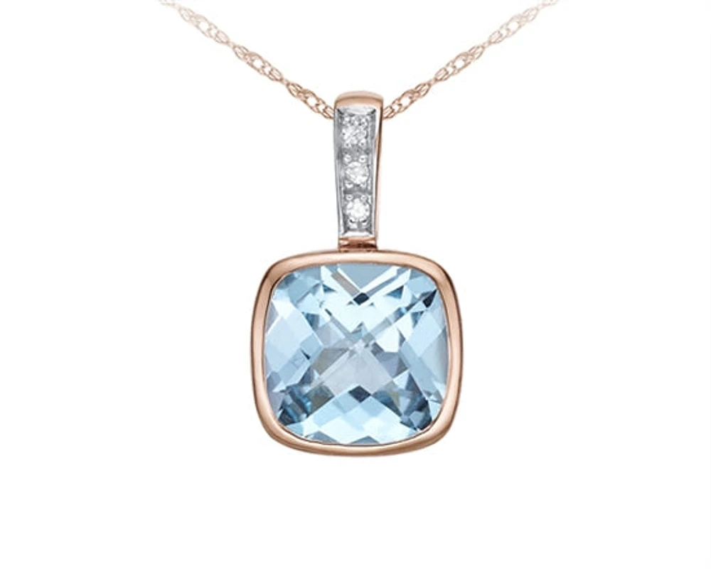 10K Rose Gold 8mm Cushion Cut Sky Blue Topaz and 0.015cttw Diamond Pendant - 18 Inches