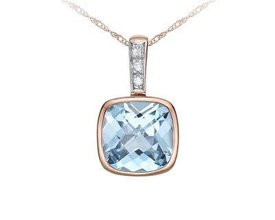 10K Rose Gold 8mm Cushion Cut Sky Blue Topaz and 0.015cttw Diamond Pendant - 18 Inches