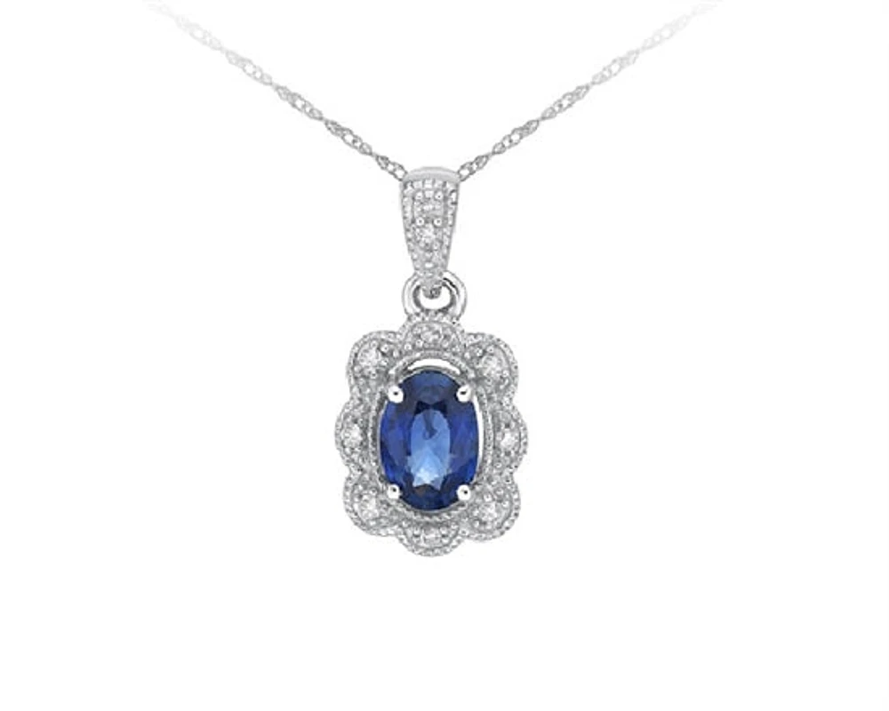 10K White Gold 6x4mm Oval Cut Sapphire and 0.039cttw Diamond Scallop Halo Pendant - 18 inches