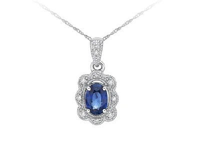 10K White Gold 6x4mm Oval Cut Sapphire and 0.039cttw Diamond Scallop Halo Pendant - 18 inches