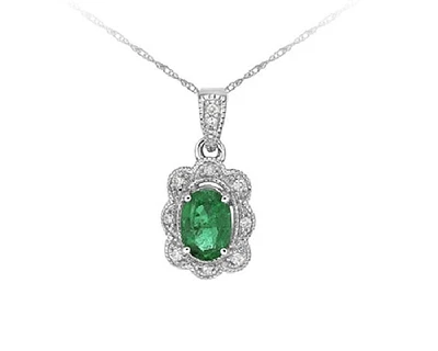 10K White Gold 6x4mm Oval Cut Emerald and 0.039cttw Diamond Scallop Halo Pendant - 18 inches