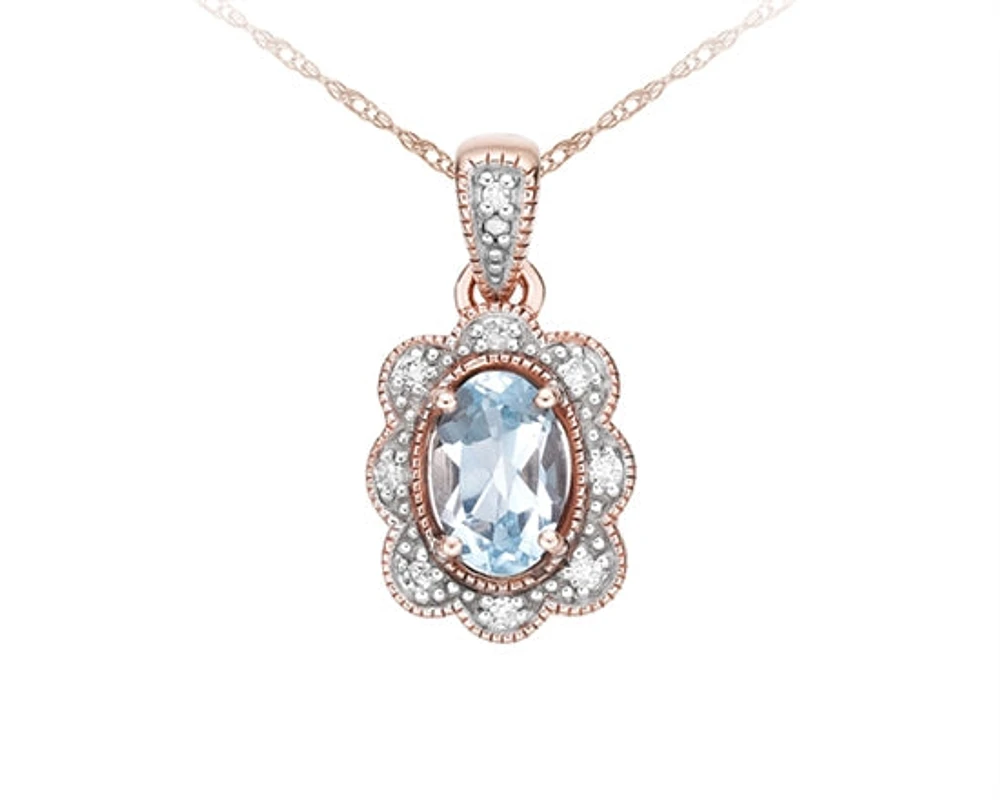 10K Rose Gold 6x4mm Oval Cut Sky Blue Topaz and 0.04cttw Diamond Necklace - 18 Inches