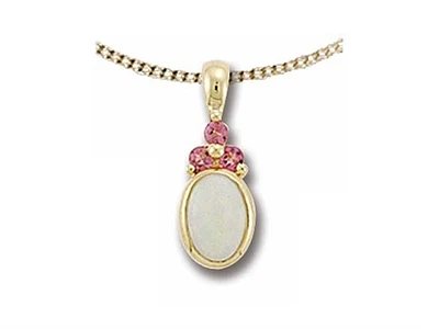 10K Yellow Gold 7x5mm Oval Cut Opal and Round Cut Pink Tourmaline Pendant - 18 Inches