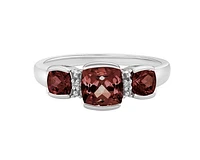 10K White Gold 6mm and 4mm Cushion Cut Garnet and 0.014cttw Diamond Ring - Size 7