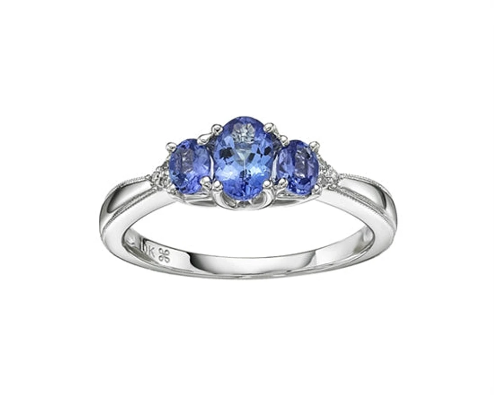 10K White Gold 6x4mm and 4x3mm Oval Cut Tanzanite and 0.03cttw Diamond Ring - Size 7