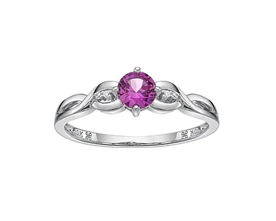 10K White Gold 5.00mm Round Cut Created Pink Sapphire and 0.015cttw Diamond Ring - Size 7