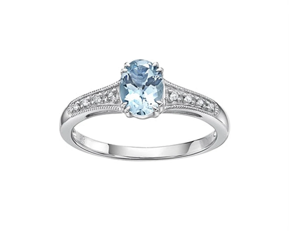 10K White Gold 0.65cttw Oval Cut Aquamarine and 0.04cttw Diamond Ring, size 7