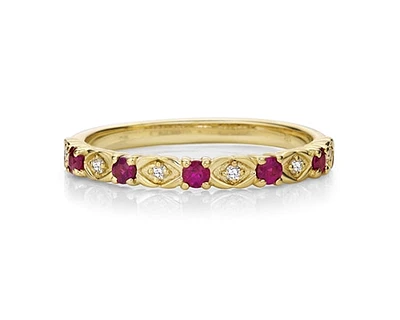 10K Yellow Gold Round Cut Ruby and 0.05cttw Diamond Stacking Ring - Size 7