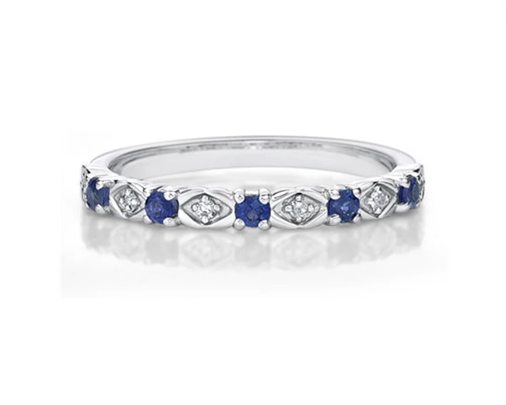 10K White Gold Round Cut Sapphire and 0.05cttw Diamond Stack Ring - Size 7