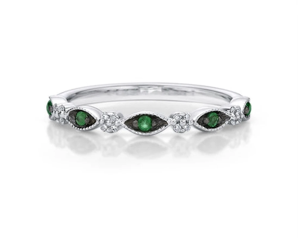 10K White Gold Round Cut Emerald and 0.07cttw Diamond Stack Ring - Size 7