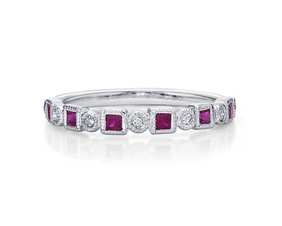 10K White Gold Princess Cut Ruby and 0.06cttw Diamond Stacking Ring - Size 7