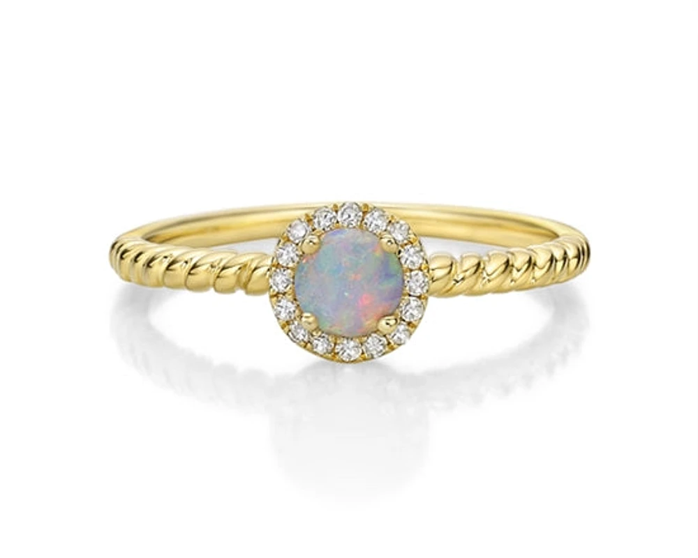 10K Yellow Gold 4.5mm Round Cut Opal and 0.08cttw Diamond Halo Stack Ring - 7 / 4.5