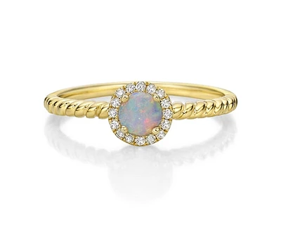 10K Yellow Gold 4.5mm Round Cut Opal and 0.08cttw Diamond Halo Stack Ring - 7 / 4.5