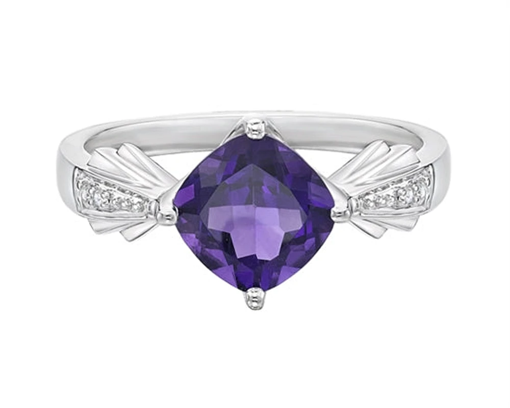10K White Gold 7mm Cushion Cut Amethyst and 0.01cttw Diamond Ring, size 7