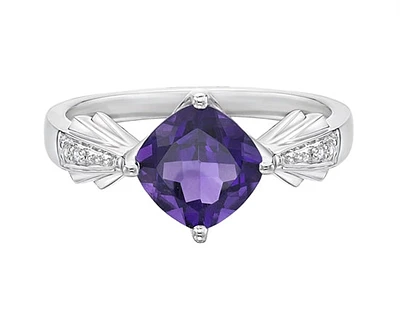 10K White Gold 7mm Cushion Cut Amethyst and 0.01cttw Diamond Ring, size 7