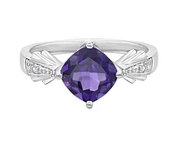 10K White Gold 7mm Cushion Cut Amethyst and 0.01cttw Diamond Ring, size 7