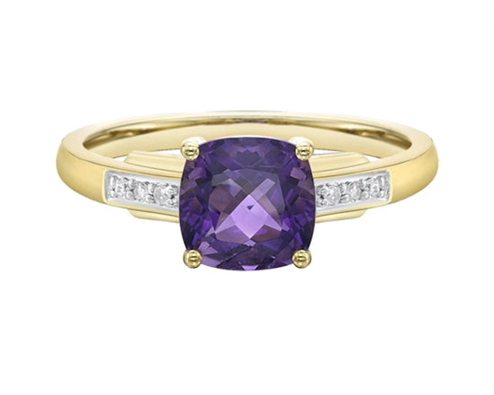 10K Yellow Gold 7mm Cushion Cut Amethyst and 0.05cttw Diamond Ring, size 7