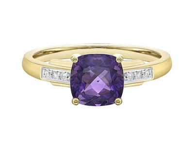 10K Yellow Gold 7mm Cushion Cut Amethyst and 0.05cttw Diamond Ring, size 7