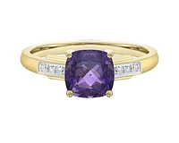 10K Yellow Gold 7mm Cushion Cut Amethyst and 0.05cttw Diamond Ring, size 7
