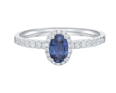 14K White Gold 6x4mm Oval Cut Sapphire and 0.25cttw Diamond Halo Ring - Size 7