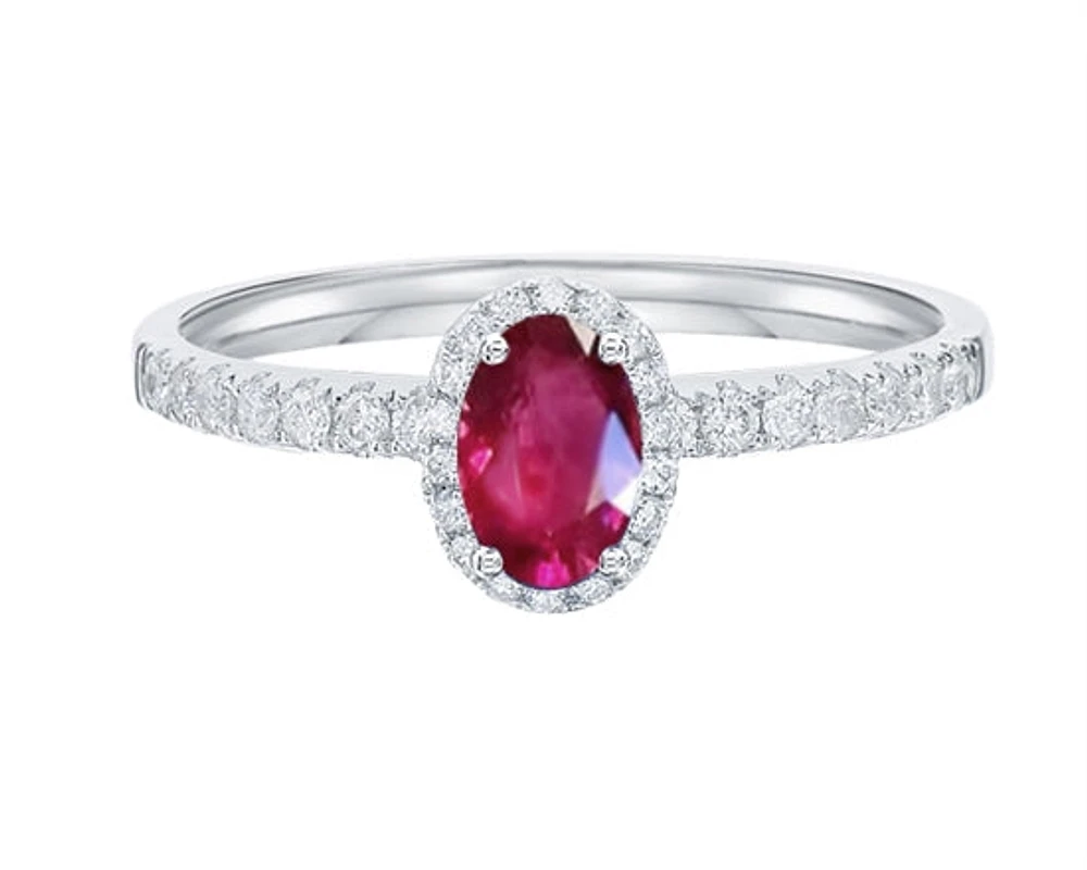 14K White Gold 6x4mm Oval Cut Ruby and 0.25cttw Diamond Halo Ring - Size 7
