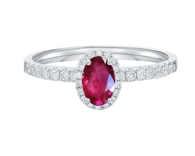 14K White Gold 6x4mm Oval Cut Ruby and 0.25cttw Diamond Halo Ring - Size 7