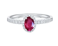 14K White Gold 6x4mm Oval Cut Ruby and 0.25cttw Diamond Halo Ring - Size 7