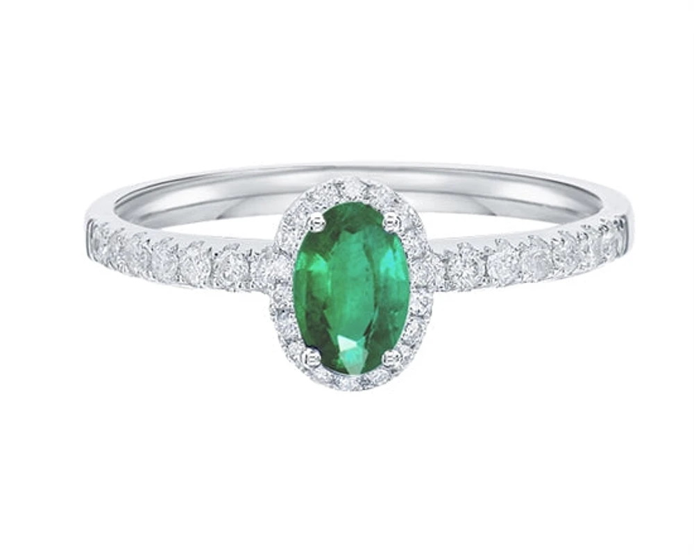 14K White Gold 6x4mm Oval Cut Emerald and 0.25cttw Diamond Halo Ring - 4.5
