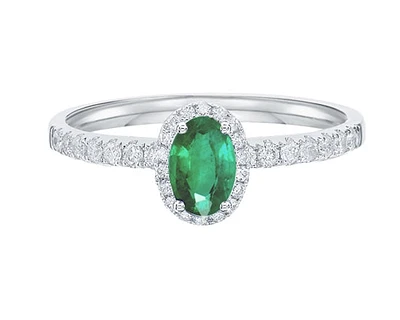 14K White Gold 6x4mm Oval Cut Emerald and 0.25cttw Diamond Halo Ring - 4.5