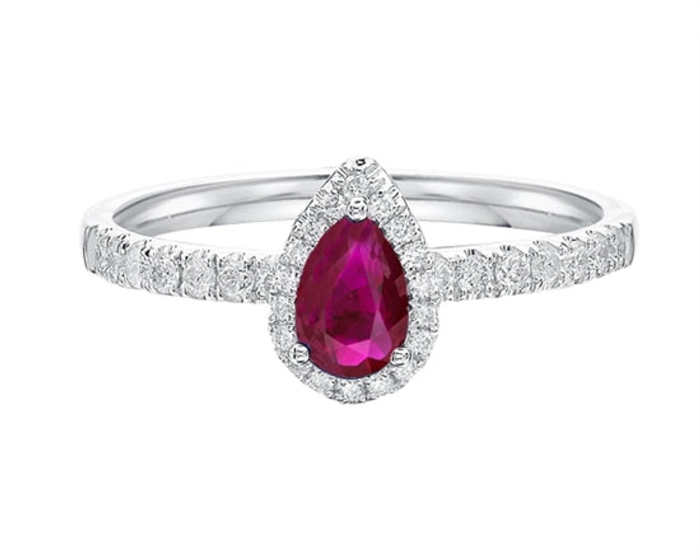 14K White Gold 6x4mm Pear Cut Ruby and 0.25cttw Diamond Halo Ring - Size 7