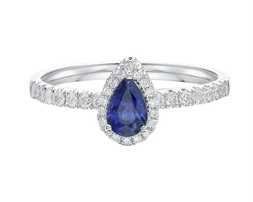 14K White Gold 6x4mm Pear Cut Sapphire and 0.25cttw Diamond Halo Ring - Size 7