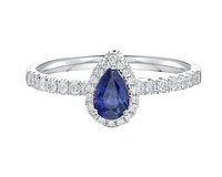 14K White Gold 6x4mm Pear Cut Sapphire and 0.25cttw Diamond Halo Ring - Size 7
