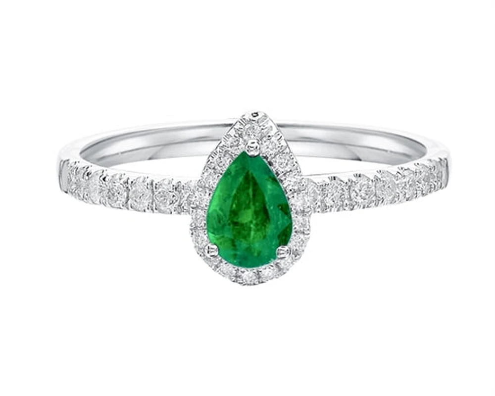 14K White Gold 6x4mm Pear Cut Emerald and 0.25cttw Diamond Halo Ring - Size 7