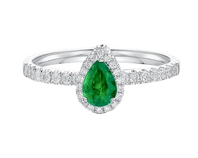 14K White Gold 6x4mm Pear Cut Emerald and 0.25cttw Diamond Halo Ring - Size 7