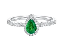 14K White Gold 6x4mm Pear Cut Emerald and 0.25cttw Diamond Halo Ring - Size 7
