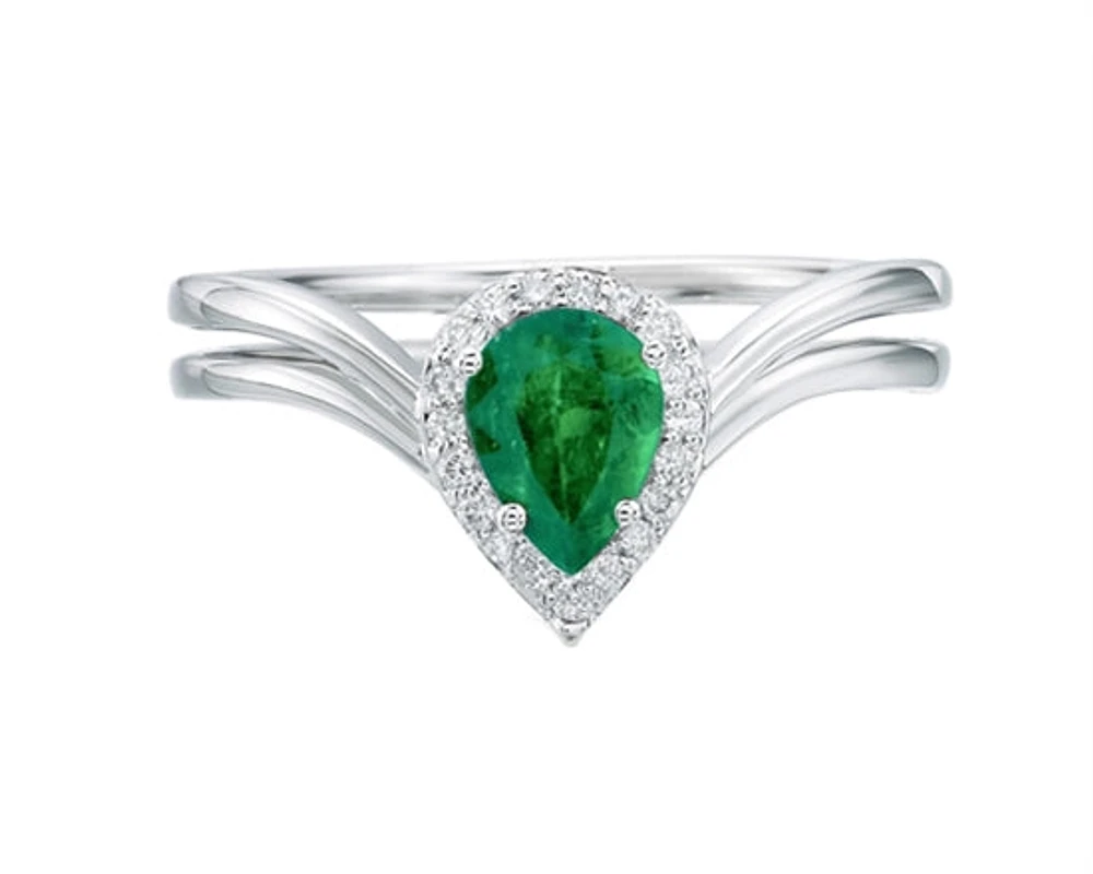 14K White Gold 7x5mm Pear Cut Emerald and 0.10cttw Diamond Halo Ring - Size 7