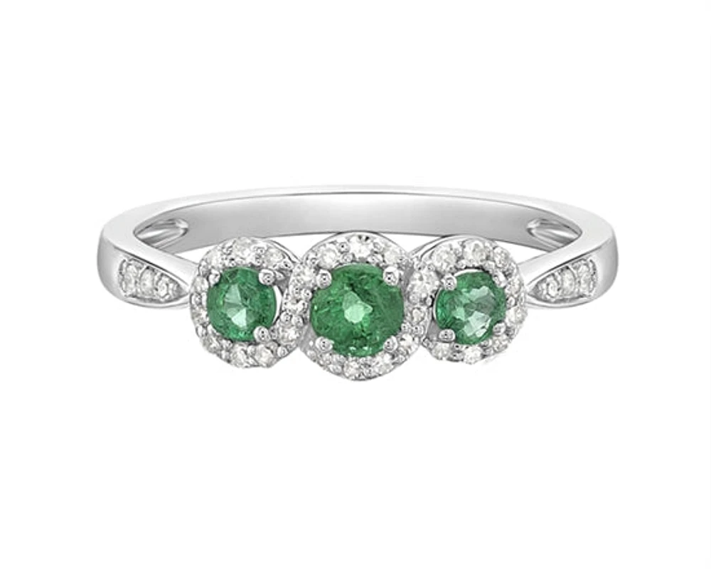 14K White Gold 3.50mm and 2.80mm Round Cut Emerald and 0.18cttw Diamond Halo Ring - Size 7