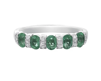 14K White Gold 4x3mm Oval Cut Emerald and 0.10cttw Diamond Ring - Size 7