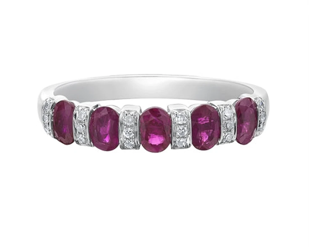 14K White Gold 4x3mm Oval Cut Ruby and 0.10cttw Diamond Ring - Size 7