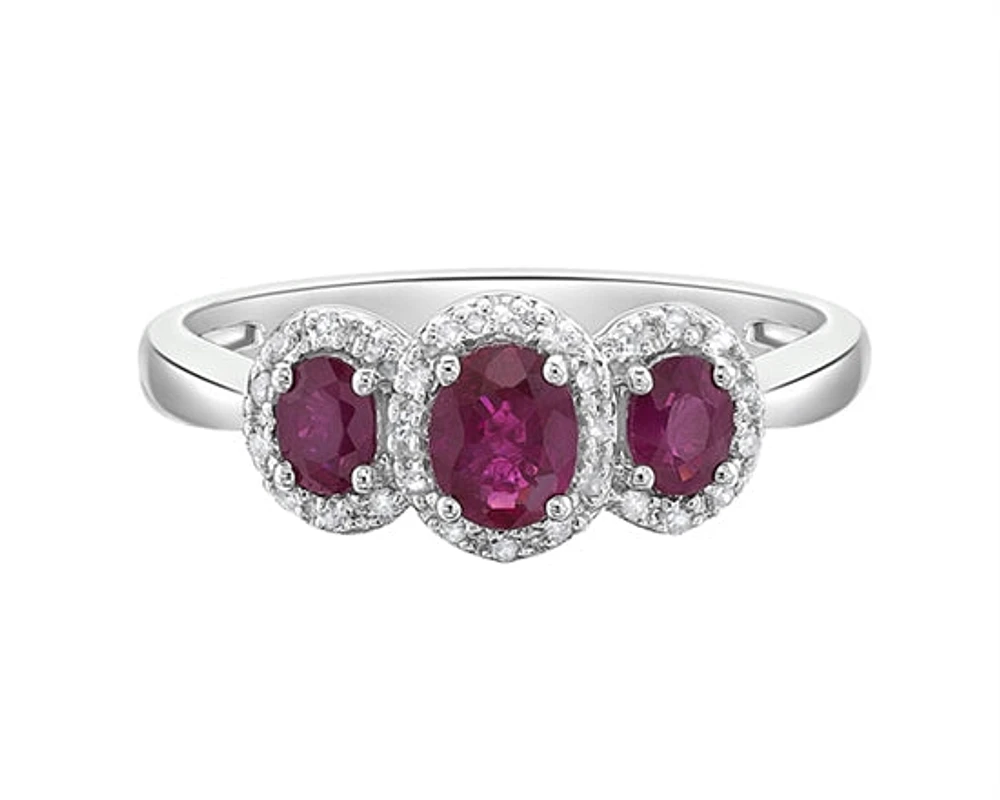 14K White Gold 5x4mm and 4x3mm Oval Cut Ruby and 0.15cttw Diamond Halo Ring - Size 7