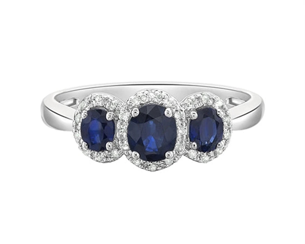 14K White Gold 5x4mm and 3x4mm Oval Cut Sapphire and 0.15cttw Diamond Halo Ring - Size 7