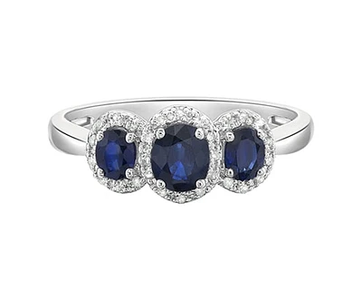 14K White Gold 5x4mm and 3x4mm Oval Cut Sapphire and 0.15cttw Diamond Halo Ring - Size 7