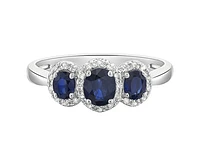 14K White Gold 5x4mm and 3x4mm Oval Cut Sapphire and 0.15cttw Diamond Halo Ring - Size 7