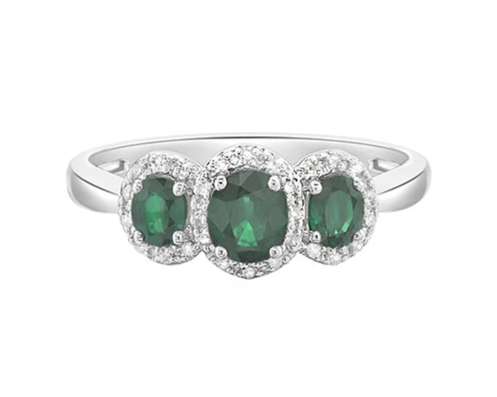 14K White Gold 5x4mm and 4x3mm Oval Cut Emerald and 0.15cttw Diamond Halo Ring - Size 7