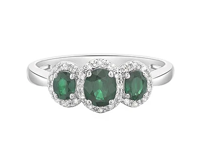 14K White Gold 5x4mm and 4x3mm Oval Cut Emerald and 0.15cttw Diamond Halo Ring - Size 7