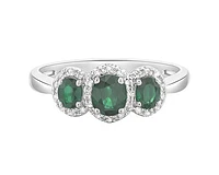14K White Gold 5x4mm and 4x3mm Oval Cut Emerald and 0.15cttw Diamond Halo Ring - Size 7