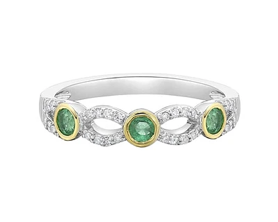14K White Gold 2.80mm Round Cut Emerald and 0.10cttw Diamond Ring - Size 7