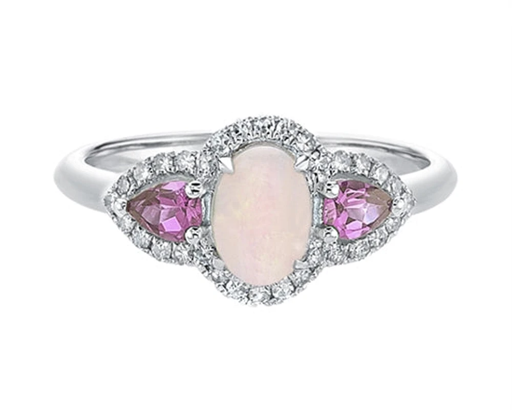 10K White Gold 7x5mm Oval Cut Opal, 4x3mm Pear Cut Pink Sapphire and 0.18cttw Diamond Halo Ring - Size 7